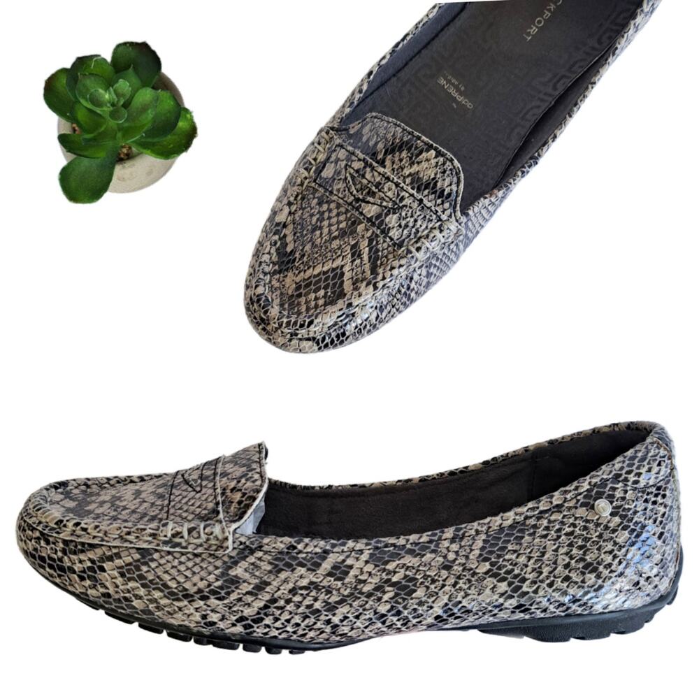 ROCKPORT Leather Snake Embossed Flat Loafer Size 7 Adiprene Comfort Black Cream